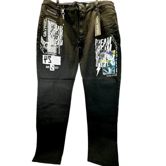 Dreamland Black White Graphic Urban Skater Denim Jeans Men's